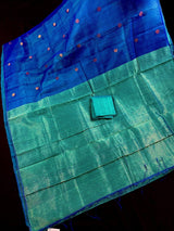 Royal Blue & Turquoise Bengali Matka Muslin saree in bengali matka muslin with half-and-half bengali handweaving — Kaash Collection