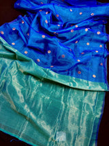 Royal Blue & Turquoise Bengali Matka Muslin saree in bengali matka muslin with half-and-half bengali handweaving — Kaash Collection