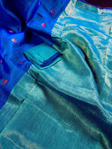 Royal Blue & Turquoise Bengali Matka Muslin saree in bengali matka muslin with half-and-half bengali handweaving — Kaash Collection