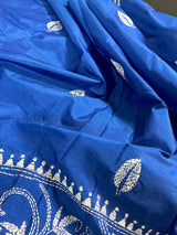 Royal Blue with Dense White Kantha hand Kantha stitch saree on Bangalori silk — Kaash Collection