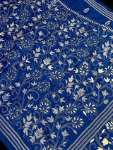 Royal Blue with Dense White Kantha hand Kantha stitch saree on Bangalori silk — Kaash Collection