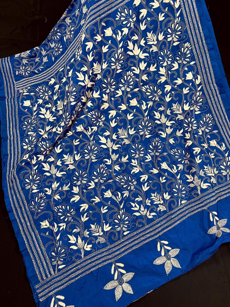 Royal Blue with Dense White Kantha hand Kantha stitch saree on Bangalori silk — Kaash Collection