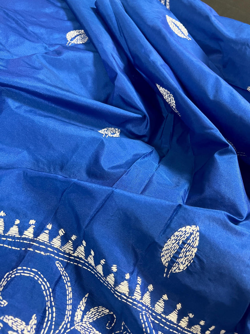 Royal Blue Color Bangalori Silk Saree with Dense Hand Kantha Stitch Work in Floral Pattern | Handwoven Kantha Stitch Saree | Kantha Saree - Kaash