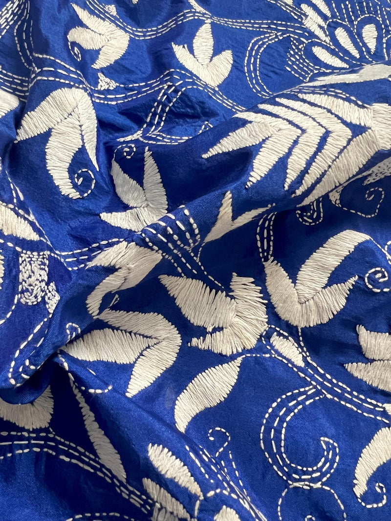 Royal Blue Color Bangalori Silk Saree with Dense Hand Kantha Stitch Work in Floral Pattern | Handwoven Kantha Stitch Saree | Kantha Saree - Kaash