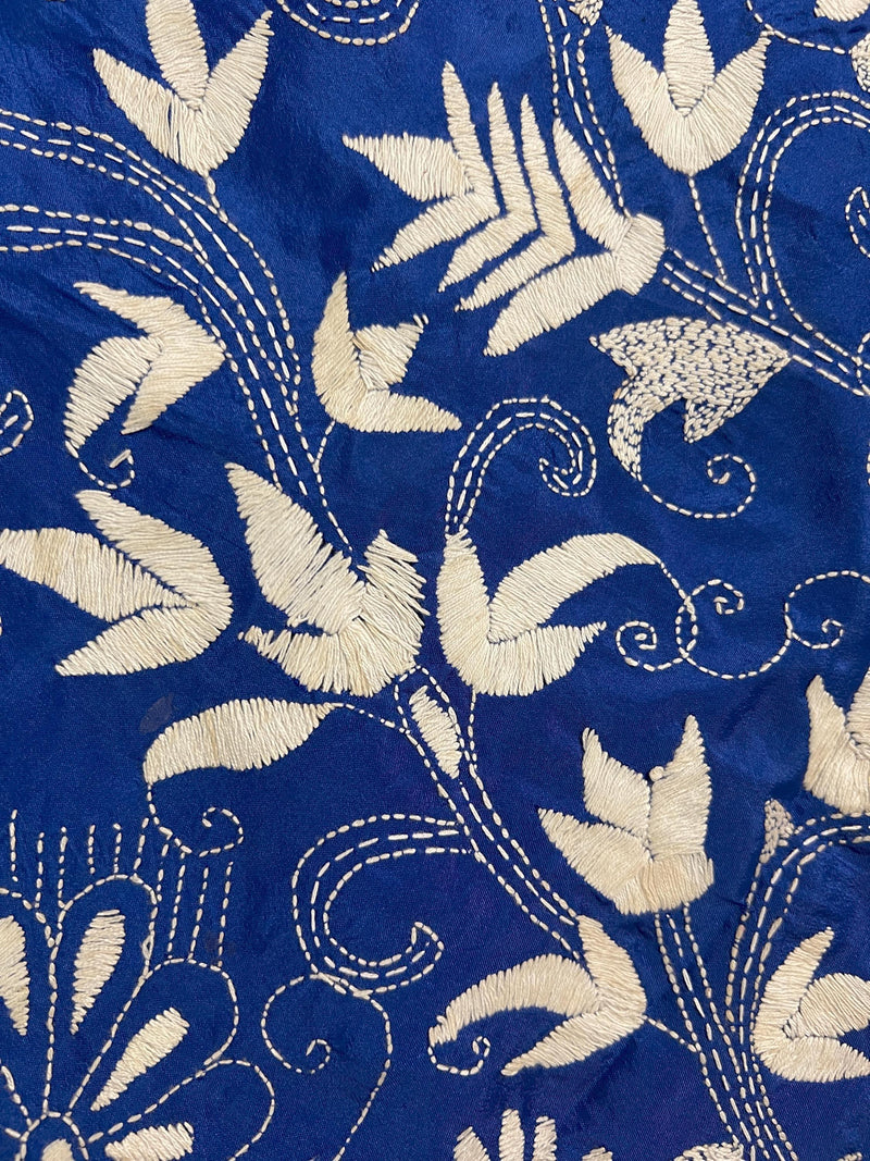 Royal Blue Color Bangalori Silk Saree with Dense Hand Kantha Stitch Work in Floral Pattern | Handwoven Kantha Stitch Saree | Kantha Saree - Kaash