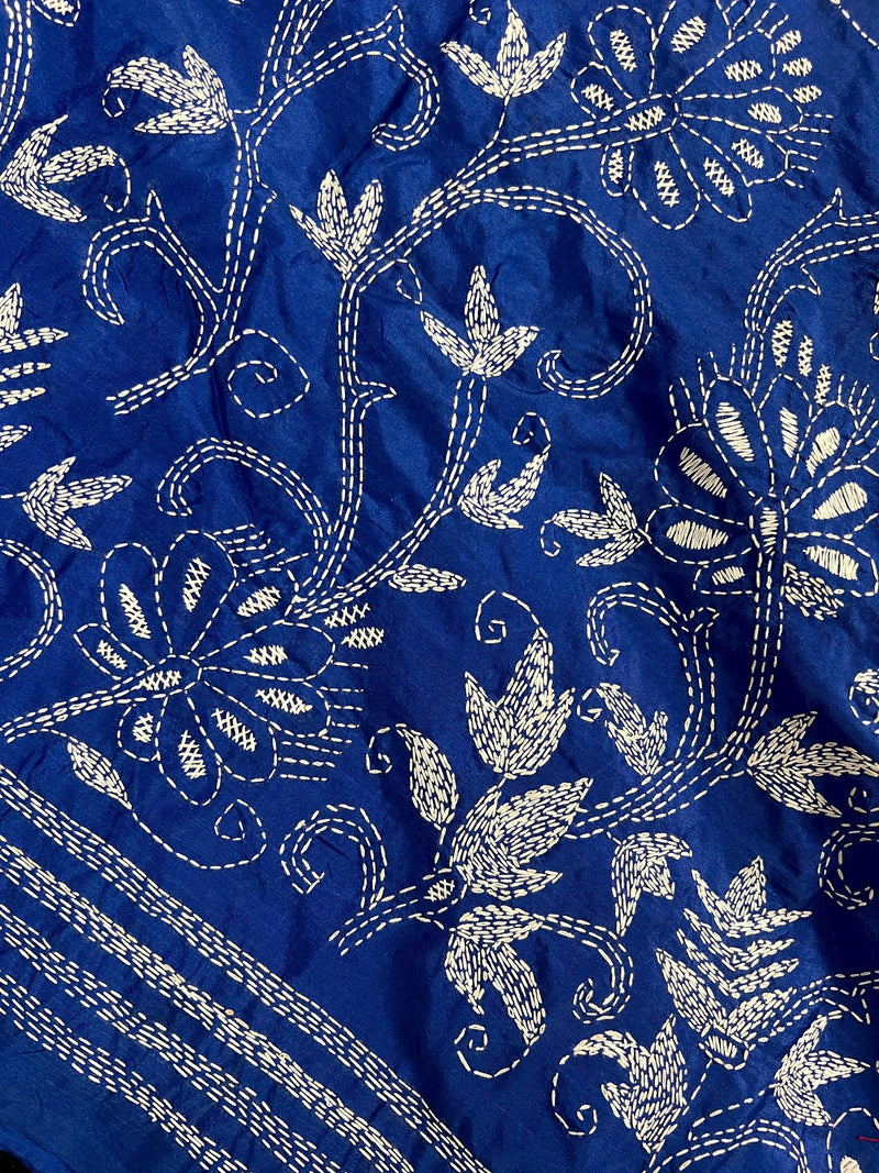 Royal Blue Color Bangalori Silk Saree with Dense Hand Kantha Stitch Work in Floral Pattern | Handwoven Kantha Stitch Saree | Kantha Saree - Kaash