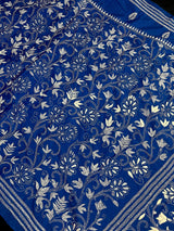 Royal Blue Color Bangalori Silk Saree with Dense Hand Kantha Stitch Work in Floral Pattern | Handwoven Kantha Stitch Saree | Kantha Saree - Kaash