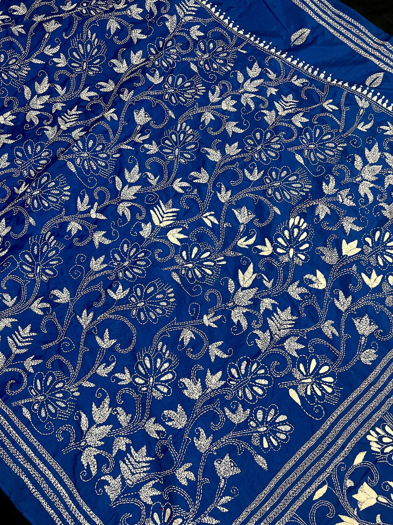 Royal Blue Color Bangalori Silk Saree with Dense Hand Kantha Stitch Work in Floral Pattern | Handwoven Kantha Stitch Saree | Kantha Saree - Kaash