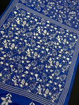 Royal Blue Color Bangalori Silk Saree with Dense Hand Kantha Stitch Work in Floral Pattern | Handwoven Kantha Stitch Saree | Kantha Saree - Kaash