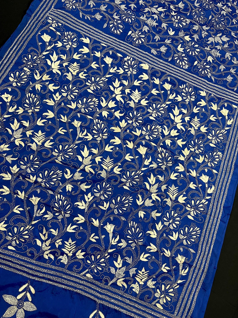 Royal Blue Color Bangalori Silk Saree with Dense Hand Kantha Stitch Work in Floral Pattern | Handwoven Kantha Stitch Saree | Kantha Saree - Kaash