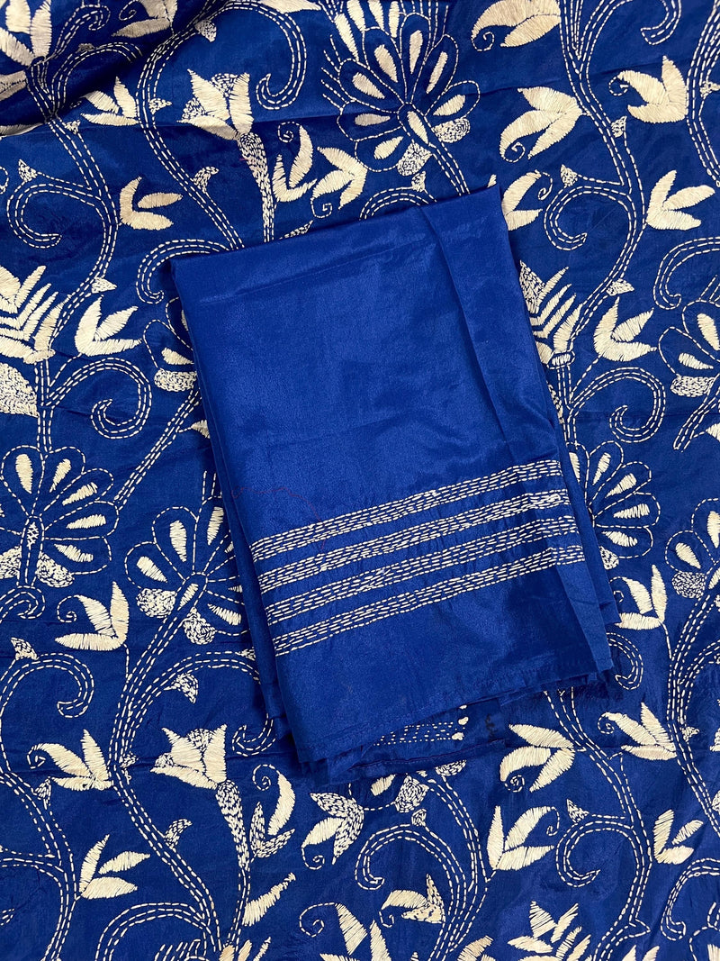 Royal Blue Color Bangalori Silk Saree with Dense Hand Kantha Stitch Work in Floral Pattern | Handwoven Kantha Stitch Saree | Kantha Saree - Kaash