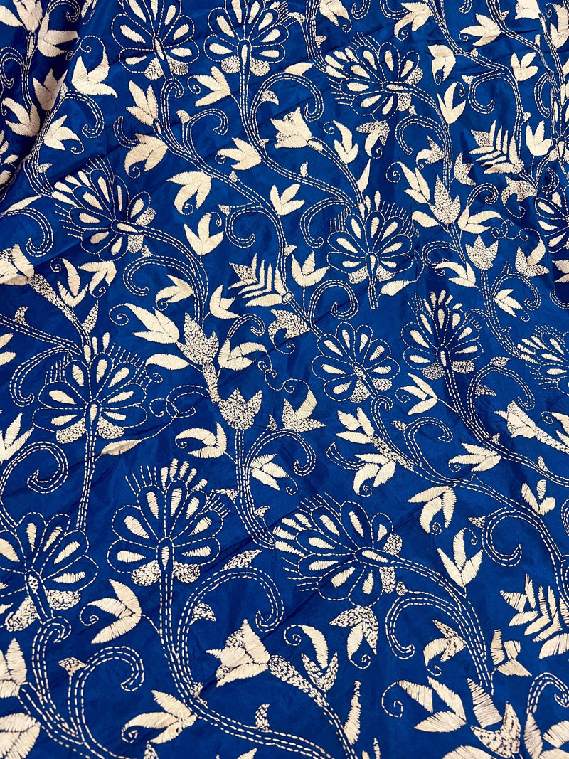 Royal Blue Color Bangalori Silk Saree with Dense Hand Kantha Stitch Work in Floral Pattern | Handwoven Kantha Stitch Saree | Kantha Saree - Kaash