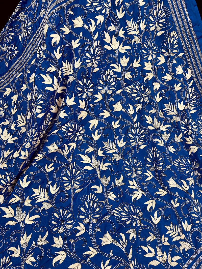 Royal Blue Color Bangalori Silk Saree with Dense Hand Kantha Stitch Work in Floral Pattern | Handwoven Kantha Stitch Saree | Kantha Saree - Kaash