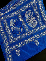 Royal Blue Color Bangalori Silk Saree with Hand Kantha Stitch - Kaash