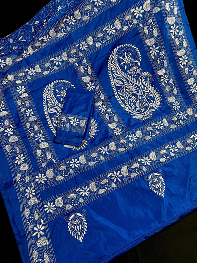 Royal Blue with White Kantha (Half-and-Half) hand Kantha stitch saree on Bangalori silk — Kaash Collection