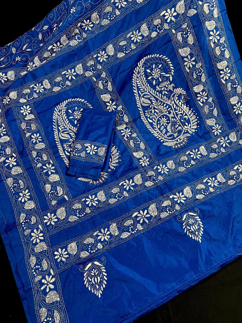 Royal Blue Color Bangalori Silk Saree with Hand Kantha Stitch - Kaash