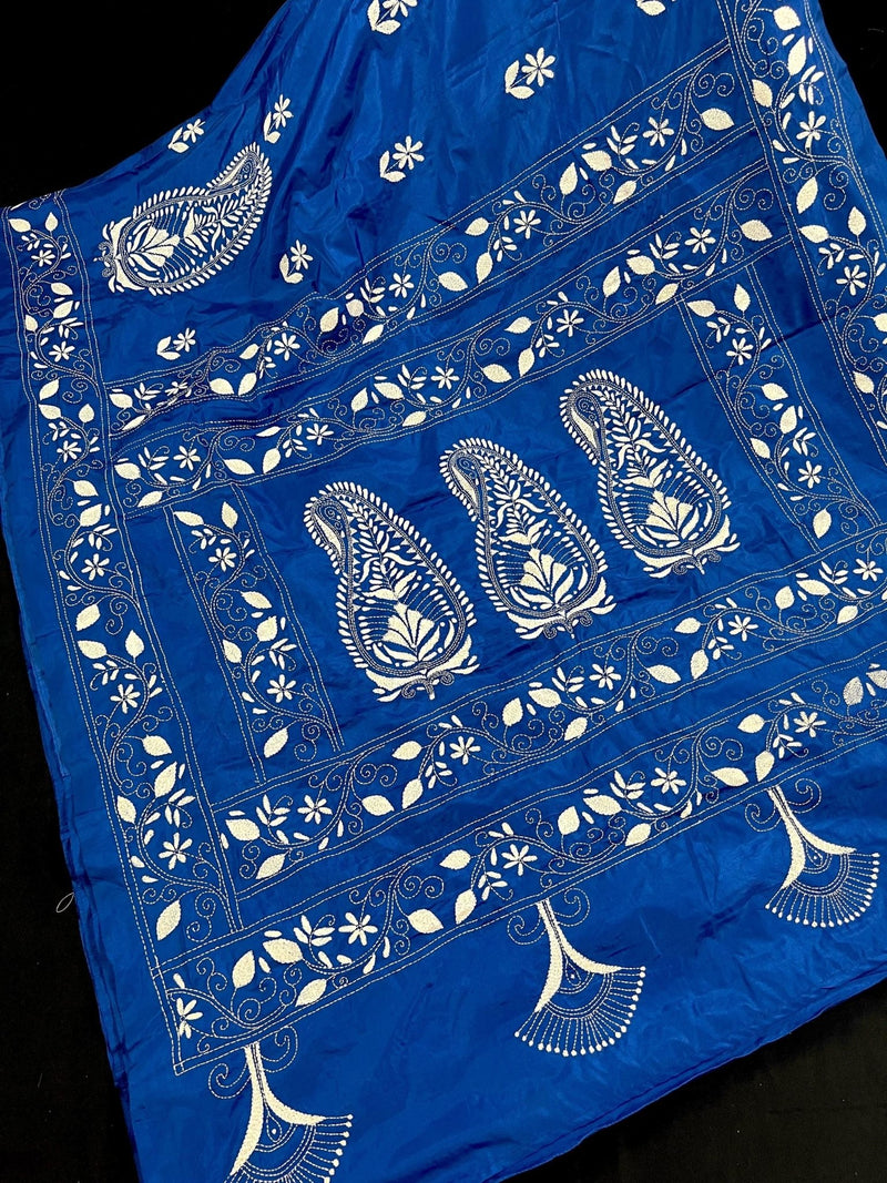 Royal Blue with White Kantha hand Kantha stitch saree on Bangalori silk — Kaash Collection