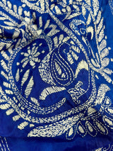 Royal Blue Color Bangalori Silk Saree with Hand Kantha Stitch - Kaash