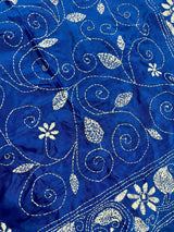 Royal Blue Color Bangalori Silk Saree with Hand Kantha Stitch - Kaash