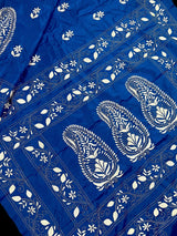 Royal Blue with White Kantha hand Kantha stitch saree on Bangalori silk — Kaash Collection