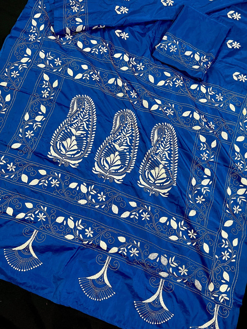 Royal Blue Color Bangalori Silk Saree with Hand Kantha Stitch | Handwoven Kantha Stitch Sarees | Kantha Saress | Silk Sarees - Kaash