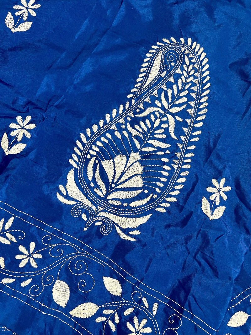 Royal Blue Color Bangalori Silk Saree with Hand Kantha Stitch | Handwoven Kantha Stitch Sarees | Kantha Saress | Silk Sarees - Kaash
