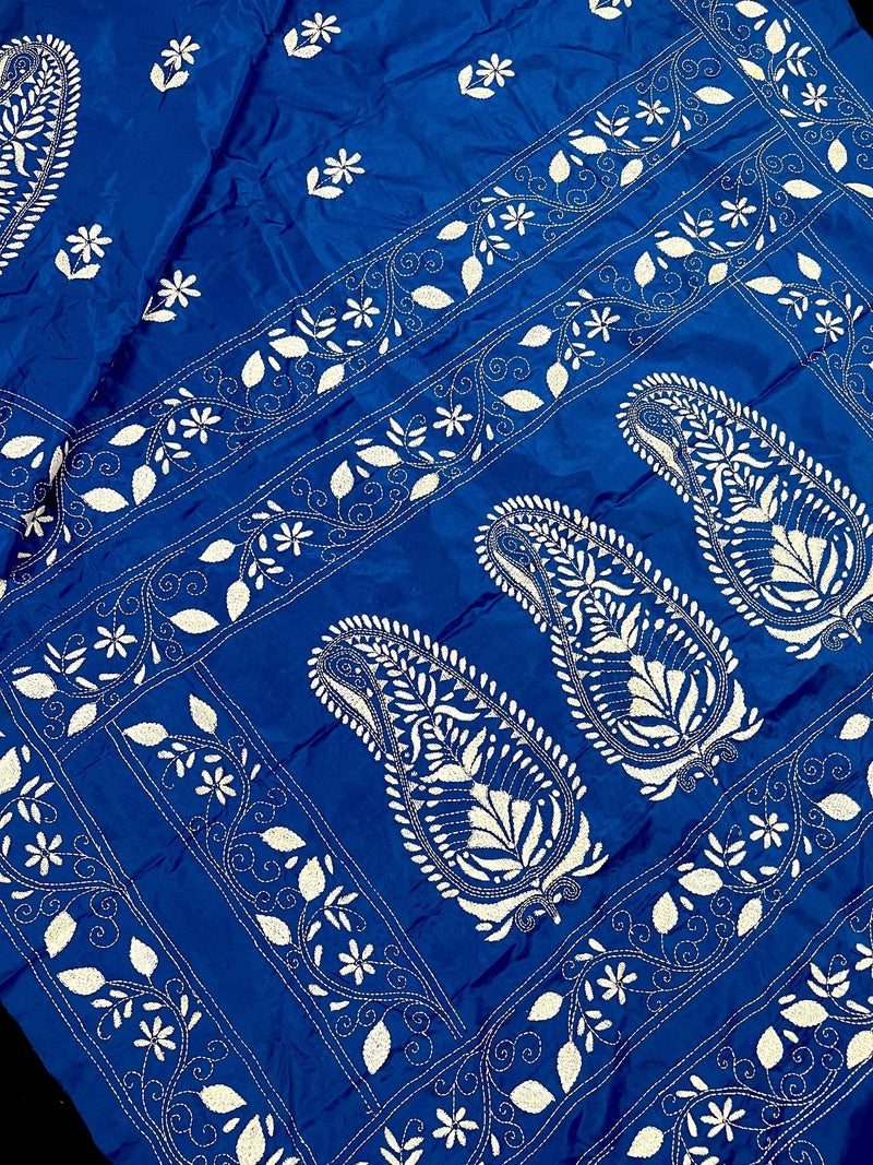 Royal Blue Color Bangalori Silk Saree with Hand Kantha Stitch | Handwoven Kantha Stitch Sarees | Kantha Saress | Silk Sarees - Kaash