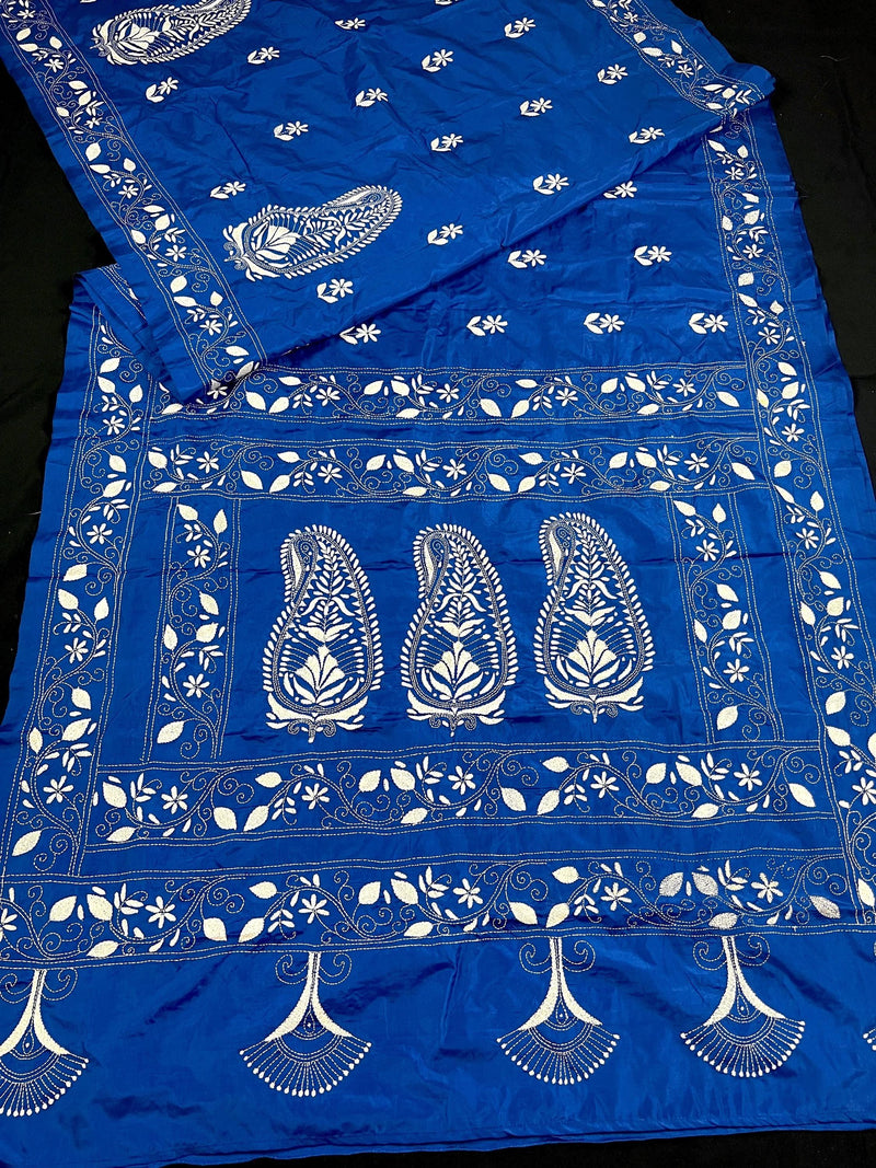 Royal Blue Color Bangalori Silk Saree with Hand Kantha Stitch | Handwoven Kantha Stitch Sarees | Kantha Saress | Silk Sarees - Kaash