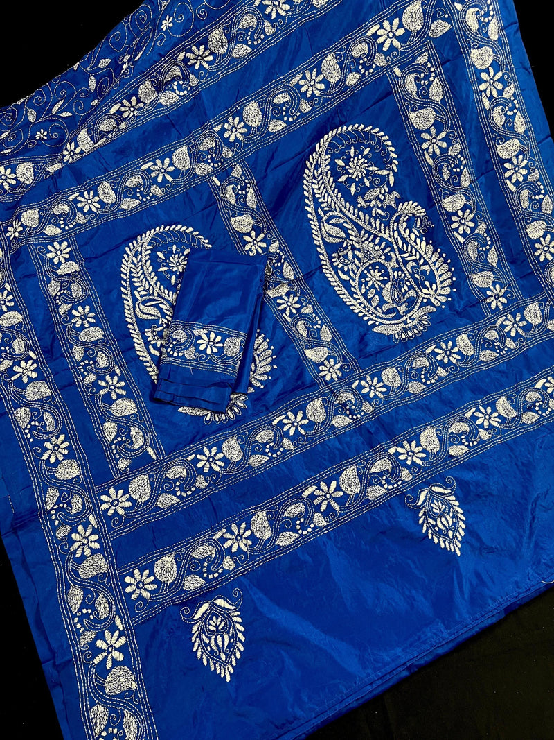 Royal Blue Color Bangalori Silk Saree with Hand Kantha Stitch | Handwoven Kantha Stitch Sarees | Kantha Saress | Silk Sarees | Bengal Sarees - Kaash