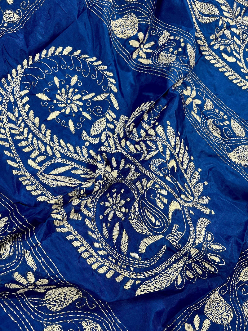 Royal Blue Color Bangalori Silk Saree with Hand Kantha Stitch | Handwoven Kantha Stitch Sarees | Kantha Saress | Silk Sarees | Bengal Sarees - Kaash