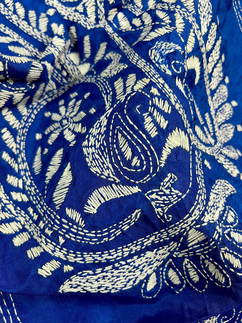Royal Blue Color Bangalori Silk Saree with Hand Kantha Stitch | Handwoven Kantha Stitch Sarees | Kantha Saress | Silk Sarees | Bengal Sarees - Kaash