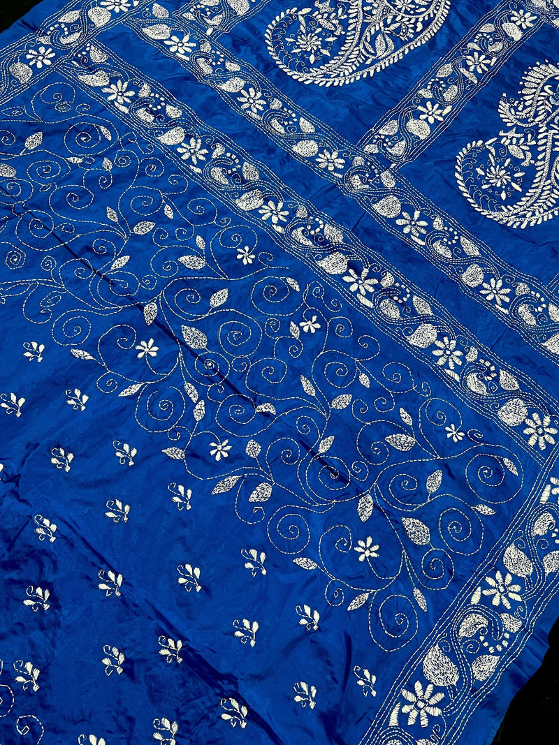 Royal Blue Color Bangalori Silk Saree with Hand Kantha Stitch | Handwoven Kantha Stitch Sarees | Kantha Saress | Silk Sarees | Bengal Sarees - Kaash