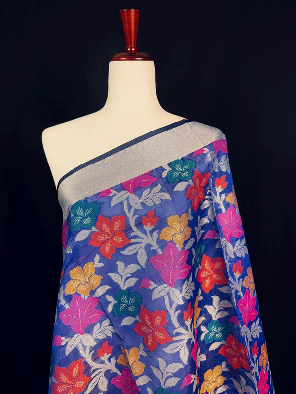 Royal Blue Color Benarasi Handwoven Cotton Silk Dupatta with Meenkari and Resham Weaving - Floral Jaal - Kaash