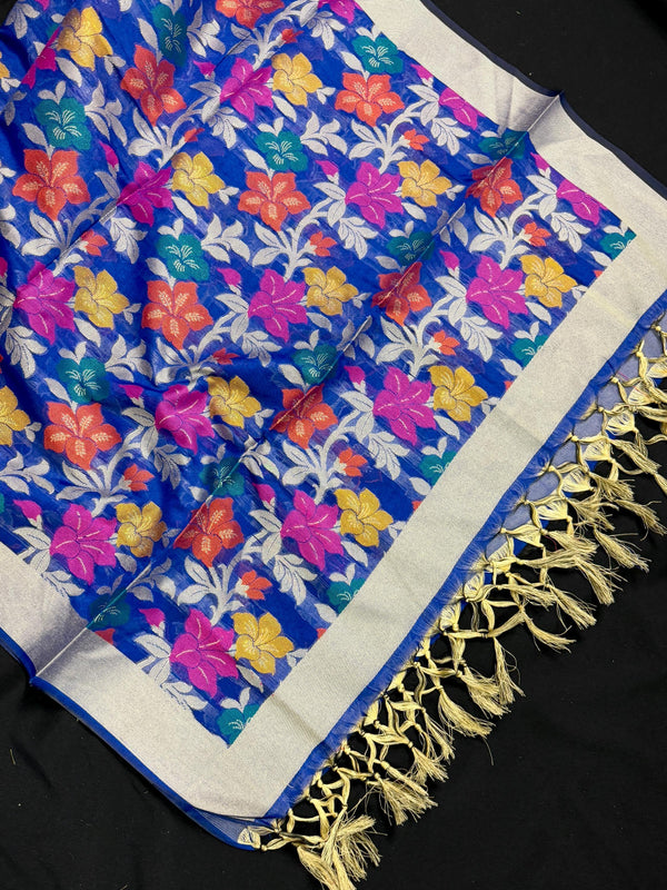 Royal Blue Color Benarasi Handwoven Cotton Silk Dupatta with Meenkari and Resham Weaving - Floral Jaal - Kaash