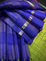 Silk Mark Certified Royal Blue Pure Raw Silk Ganga-Yamuna saree in pure raw silk with ganga-yamuna border with temple detail — Kaash Collection