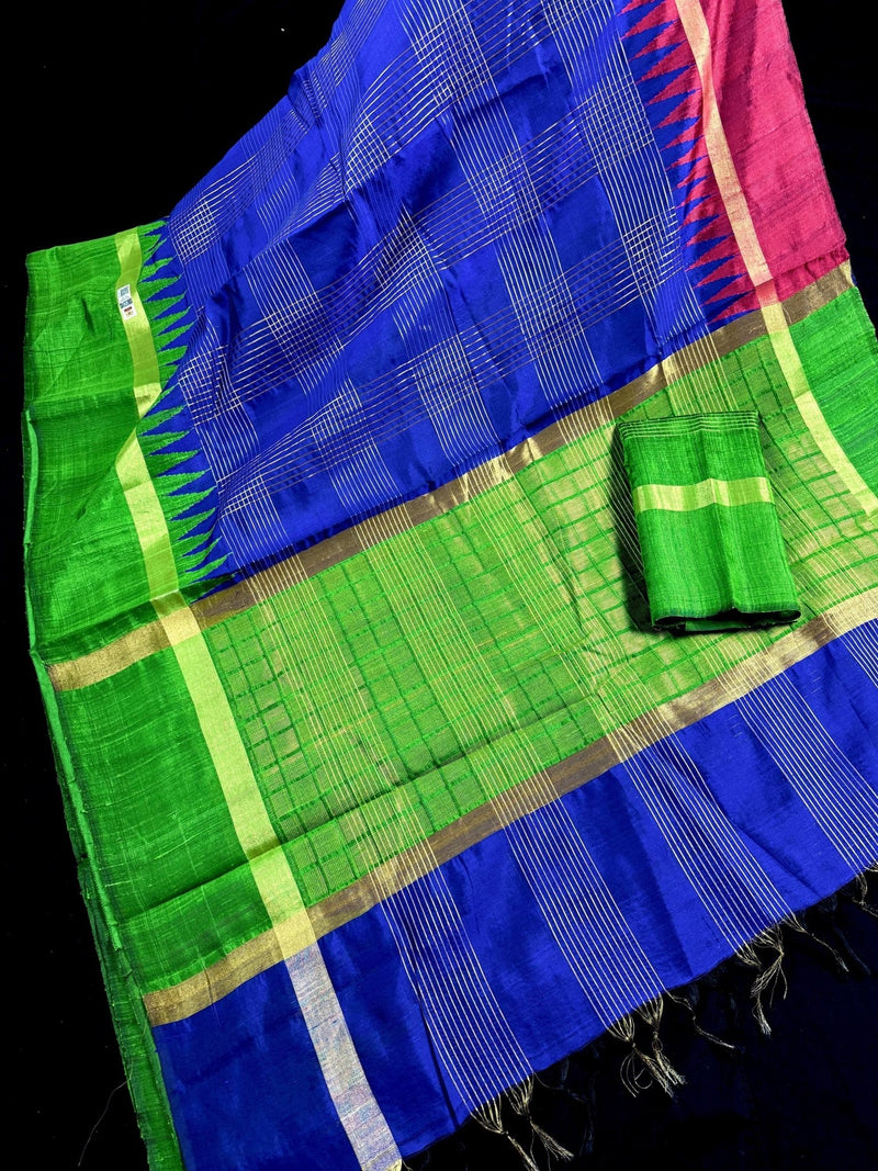 Silk Mark Certified Royal Blue Pure Raw Silk Ganga-Yamuna saree in pure raw silk with ganga-yamuna border with temple detail — Kaash Collection