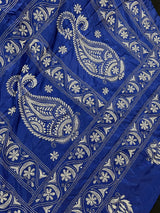 Royal Blue with White Kantha hand Kantha stitch saree on Bangalori silk — Kaash Collection
