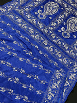 Royal Blue with White Kantha hand Kantha stitch saree on Bangalori silk — Kaash Collection