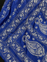 Royal Blue with White Kantha hand Kantha stitch saree on Bangalori silk — Kaash Collection