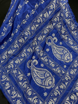 Royal Blue with White Kantha hand Kantha stitch saree on Bangalori silk — Kaash Collection
