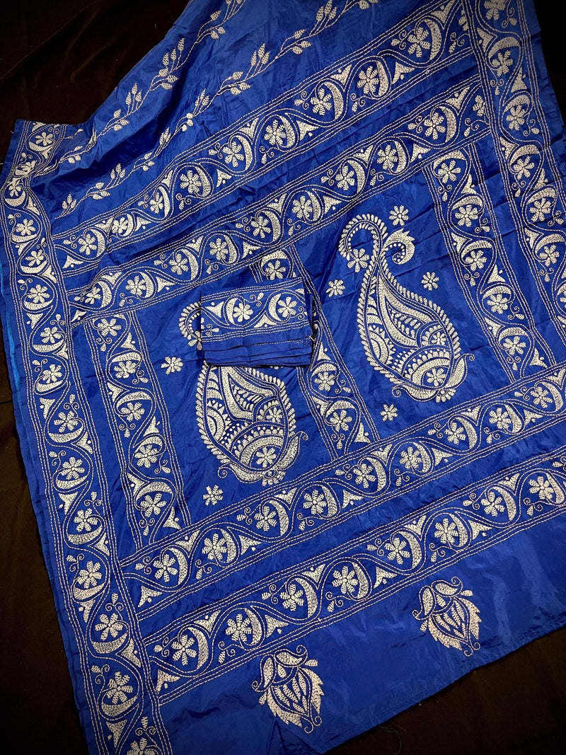 Royal Blue with White Kantha hand Kantha stitch saree on Bangalori silk — Kaash Collection