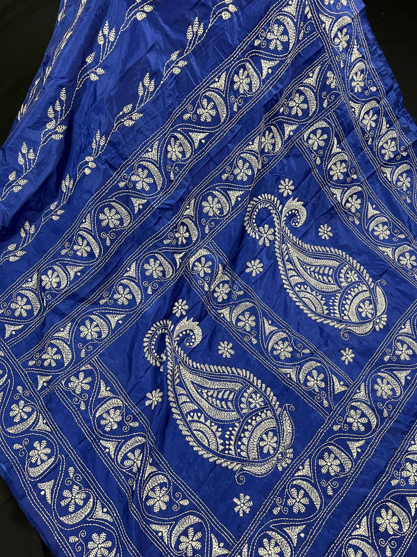 Royal Blue Color Hand Kantha Stich Saree in Bangalori Silk Saree | Handwoven Kantha Stitch Sarees | Kantha Saress | Silk Sarees - Kaash
