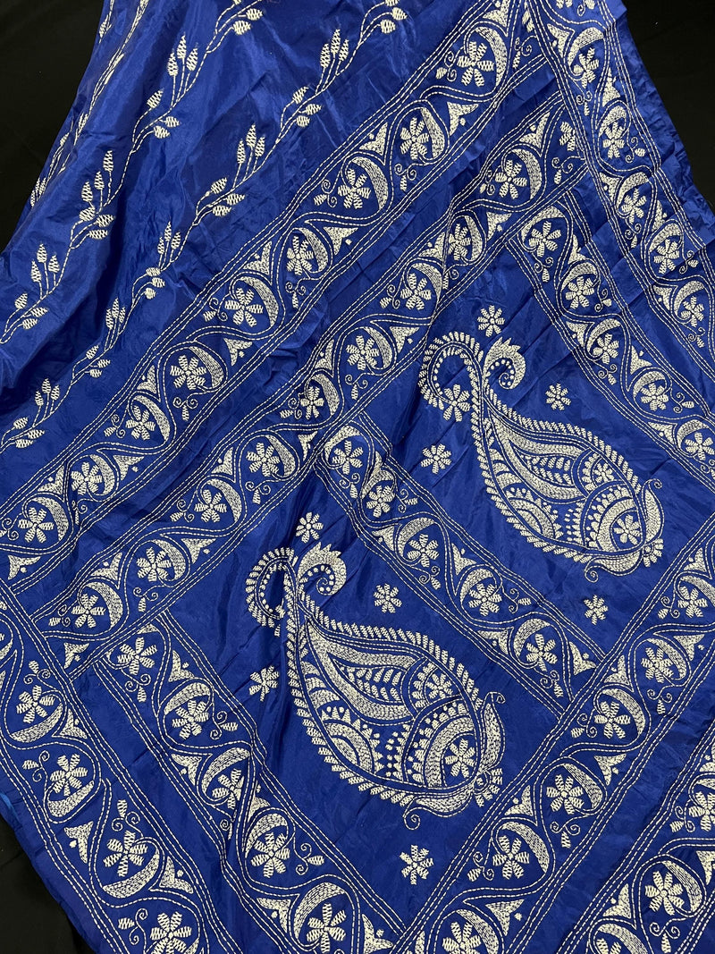 Royal Blue Color Hand Kantha Stich Saree in Bangalori Silk Saree | Handwoven Kantha Stitch Sarees | Kantha Saress | Silk Sarees - Kaash