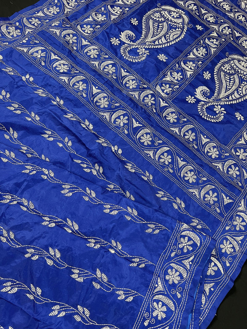 Royal Blue Color Hand Kantha Stich Saree in Bangalori Silk Saree | Handwoven Kantha Stitch Sarees | Kantha Saress | Silk Sarees - Kaash