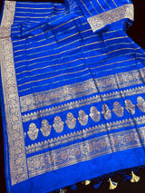 Royal Blue Banarasi saree in pure katan with copper & silver zari stripes with floral buttas pallu — Kaash Collection