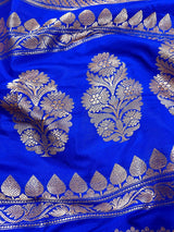 Royal Blue Banarasi saree in pure katan with copper & silver zari stripes with floral buttas pallu — Kaash Collection
