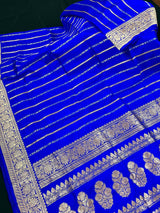 Royal Blue Banarasi saree in pure katan with copper & silver zari stripes with floral buttas pallu — Kaash Collection