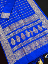 Royal Blue Banarasi saree in pure katan with copper & silver zari stripes with floral buttas pallu — Kaash Collection