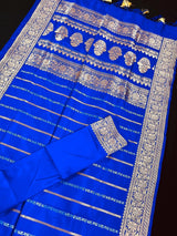 Royal Blue Banarasi saree in pure katan with copper & silver zari stripes with floral buttas pallu — Kaash Collection