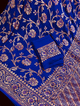 Royal Blue Color Pure Khaddi Georgette Banarasi Silk Saree with Antique Copper Zari Weave | Royal Blue Color Saree | SILK MARK CERTIFIED - Kaash